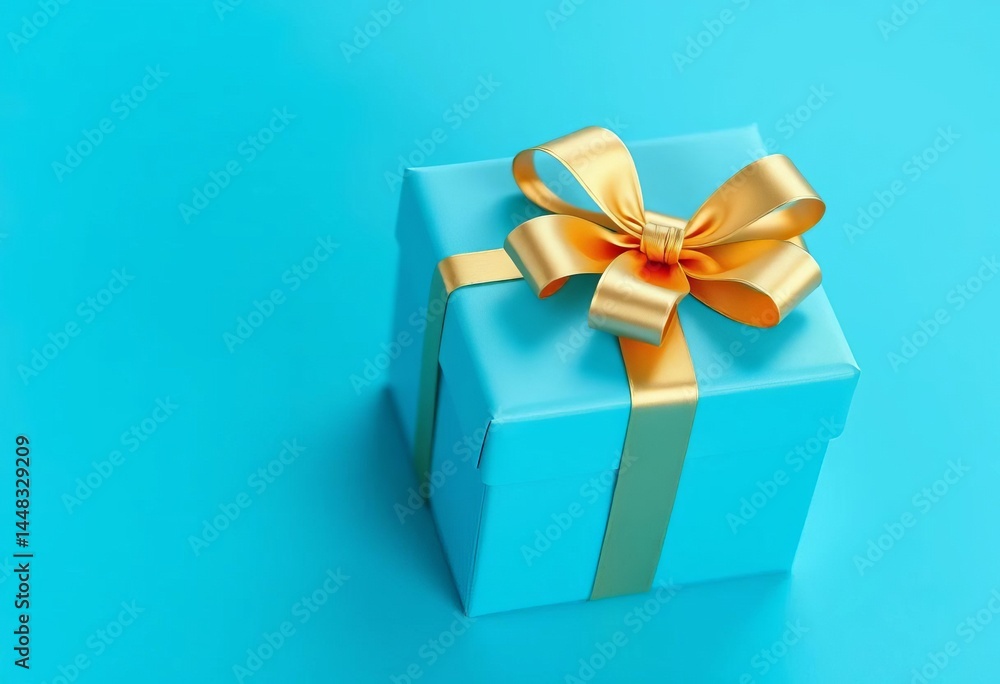 Elegant blue gift box with gold bow on matching blue background, matte, wrap Elegant blue gift box with gold bow on matching blue background, matte, wrap