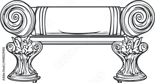 Black and white sketch of classical architectural column capital with ornate scroll and floral design