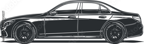 Black sedan car side view illustration showing modern luxury automobile with detailed wheels and windows
