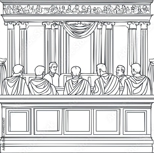 Line drawing of ancient Roman senate meeting with senators in robes inside classical architecture with columns and sculptures.