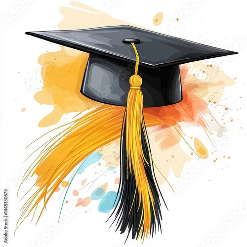 Wallpaper Mural Black Graduation Cap with Gold Tassel on Watercolor Background Torontodigital.ca