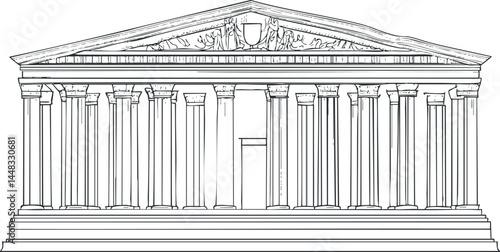 Black and white outline drawing of an ancient classical temple with columns and pediment