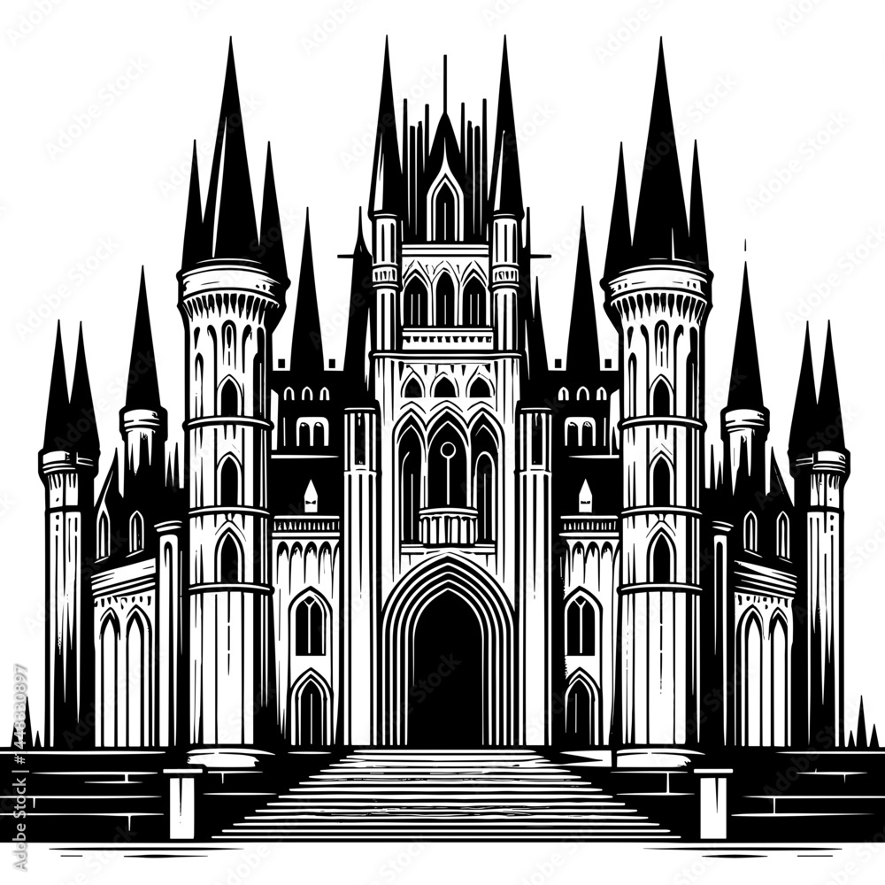 Fototapeta premium Black and White Gothic Castle Illustration