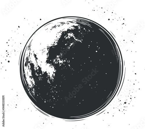 Black and white illustration of the moon with detailed craters and surface texture in space