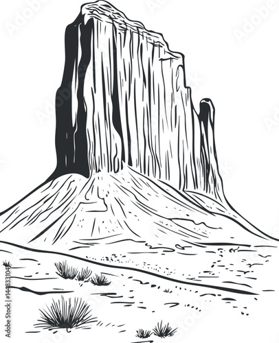 Black and white illustration of a large isolated rock butte in a desert landscape with sparse vegetation and clear sky.