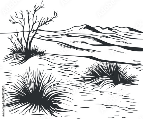 Black and white desert landscape illustration with dry shrubs and distant mountains
