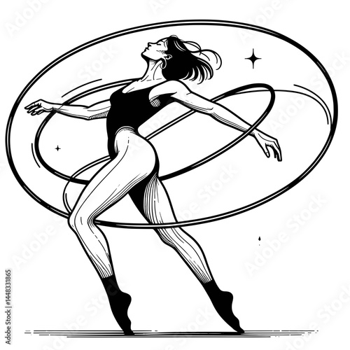 Woman hoop dancing in motion against a cosmic background  