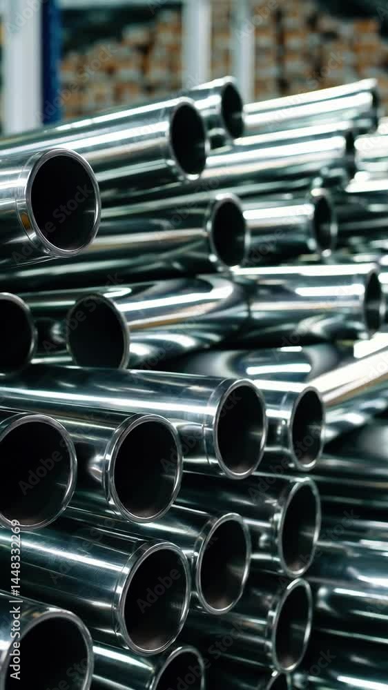 Shiny steel pipes stacked in industrial warehouse highlight metal manufacturing process Shiny steel pipes stacked in industrial warehouse highlight metal manufacturing process