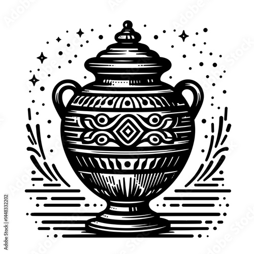 Decorative funeral urn with intricate patterns against a starry background  