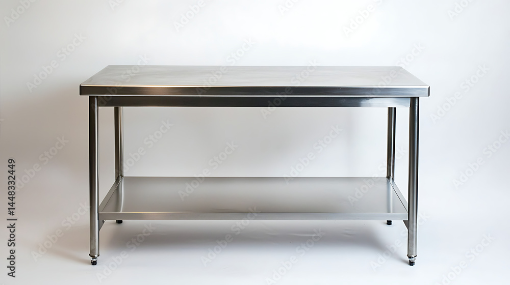 A stainless steel table with a shelf underneath it A stainless steel table with a shelf underneath it