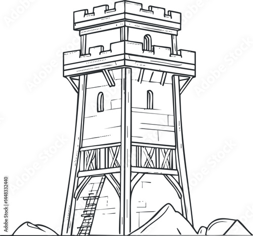Black and white sketch of a medieval watchtower with battlements, ladder, and stone structure