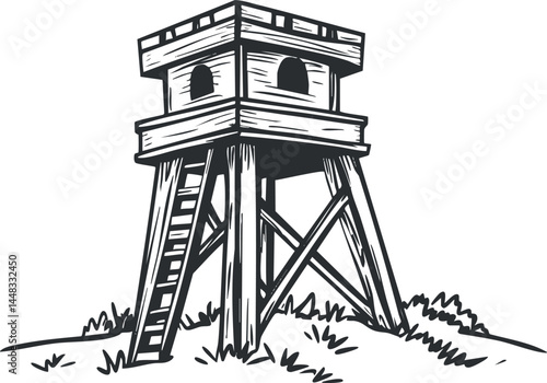 Black and white sketch of a wooden watchtower on a hill used for observation and security purposes
