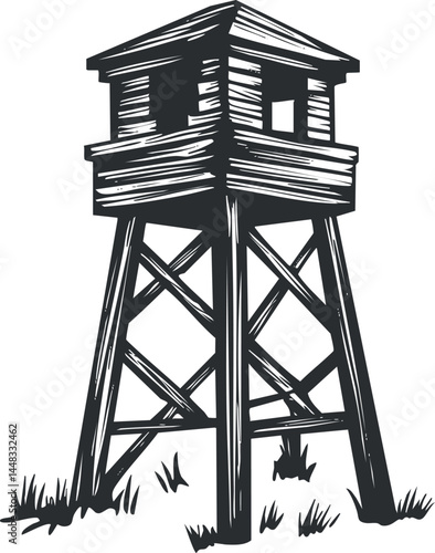 Black and white illustration of a wooden watchtower elevated on stilts surrounded by grass
