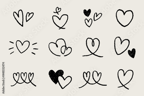 Grunge hearts icons. scribble ink grunge heart shapes icons drawn with markers and crayons set