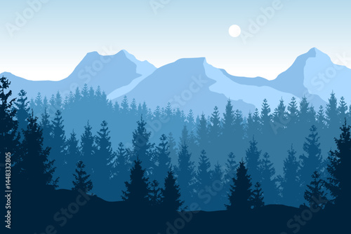 Beautiful vector forested landscape with iconic mountains in blue colors.