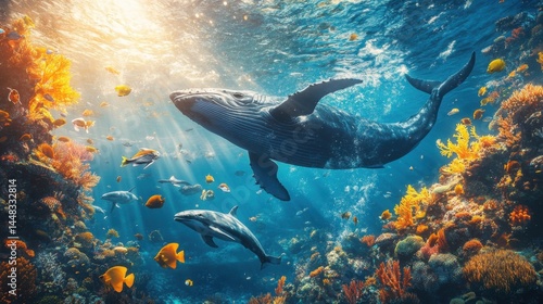 Radiant Underwater Scene Whales and Colorful Coral Reef
