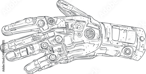 Detailed black and white sketch of a robotic hand showing mechanical parts and wiring for technology concepts