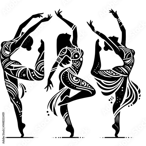 Neo-traditional dance silhouettes expressing joy and movement  