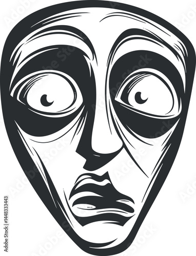 Black and white cartoon illustration of a scared and worried face with exaggerated anxious expression
