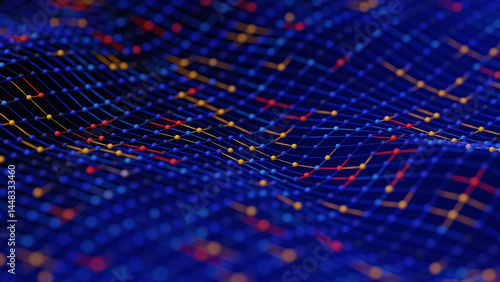 Abstract, undulating blue grid with yellow, red, and light blue interconnected nodes on a dark blue background, representing quantum dots and complex connection structures. 3D render...