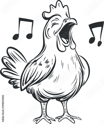 Black and white illustration of a rooster singing with musical notes around it on a white background