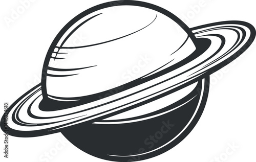 Black and white illustration of a ringed planet resembling Saturn in space with celestial rings