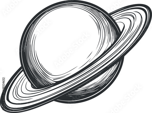 Black and white sketch illustration of a planet with rings resembling Saturn in space