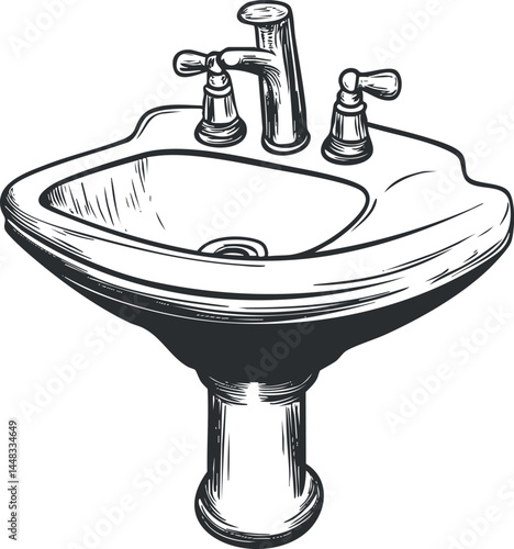 Hand-drawn illustration of a bathroom sink with faucet and dual handles for water control