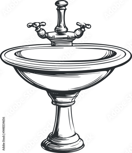 Detailed black and white illustration of a vintage pedestal sink with faucet and taps