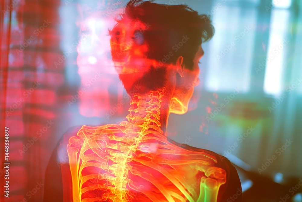 Overwhelmed by pain. Pain of disorder - upper back pain: abstract image of mental state. Sick and weak. Metaphorical upper back pain feelings of a sickness and suffering. Body in distress.