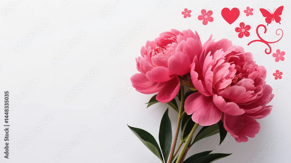 Two pink peonies, paired with red patterns, represent purity, beauty, and tenderness, conveying the yearning for a peaceful and elegant life and warm emotions. Two pink peonies, paired with red patterns, represent purity, beauty, and tenderness, conveying the yearning for a peaceful and elegant life and warm emotions.
