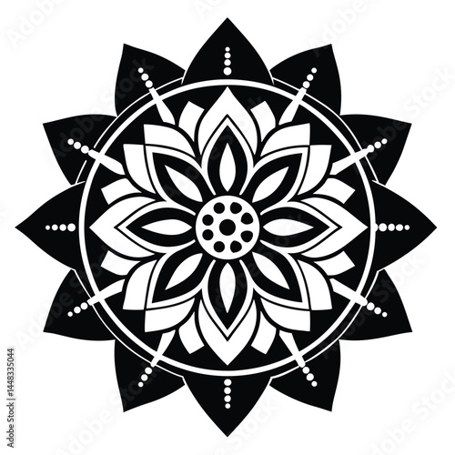 detailed monochrome mandala floral pattern, intricate symmetrical design, abstract geometric shapes, high contrast black and white, minimalist style, zentangle inspired art
