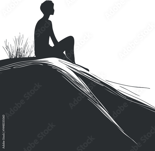 Silhouette of a person sitting alone on a hilltop surrounded by grass in a peaceful outdoor setting