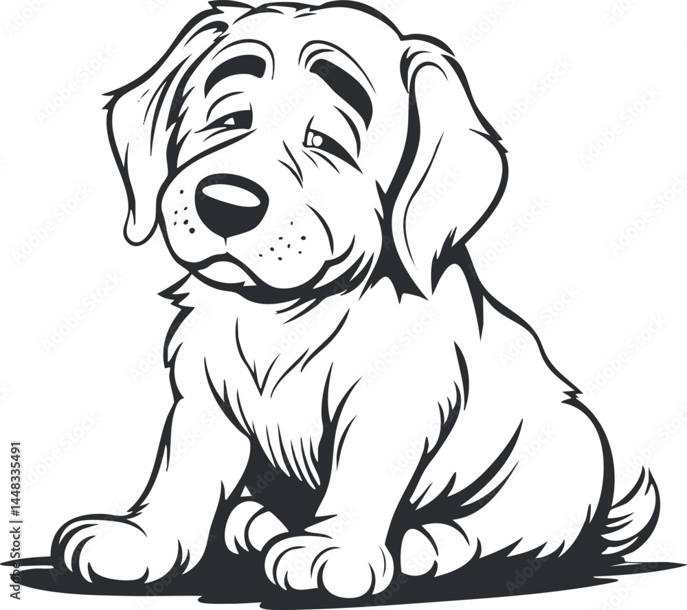 Fototapeta premium Black and white cartoon illustration of a cute puppy sitting with a friendly expression.