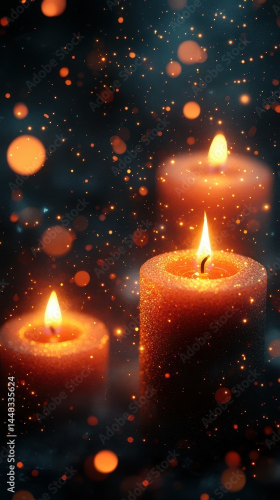 Warm flickering candlelight creates a serene atmosphere with glowing particles in the air during an evening setting Warm flickering candlelight creates a serene atmosphere with glowing particles in the air during an evening setting