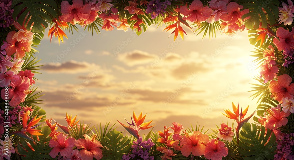 Tropical Floral Frame with Sunset Sky
