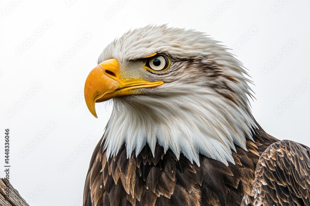 Striking portrait of a majestic bald eagle showcasing its sharp features and intense gaze against a neutral backdrop. Striking portrait of a majestic bald eagle showcasing its sharp features and intense gaze against a neutral backdrop.