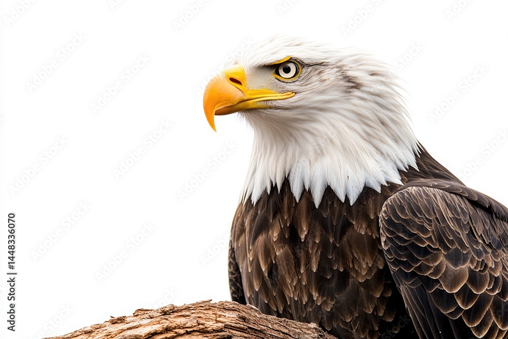 Fototapeta premium A majestic bald eagle perches on a branch, its sharp gaze conveying power and freedom against a white background.