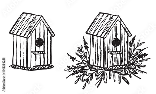 Wooden bird house feeder with flowers in black brush stroke texture isolated on white. Hand drawn vector sketch illustration in vintage charcoal ink. Nature concept, help animals, wood craft design.