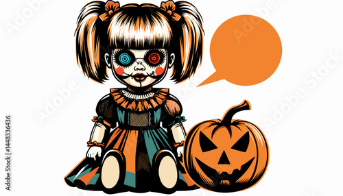 Creepy doll with stitched face and pumpkin in Pop Art Halloween vector, empty speech bubble, party invitation poster
