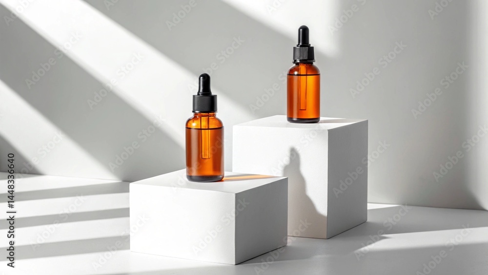 Elegant Amber Serum Bottles on White Display Pods Elegant Amber Serum Bottles on White Display Pods
