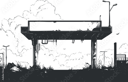 Black and white illustration of an empty outdoor billboard structure with streetlights and cloudy sky background