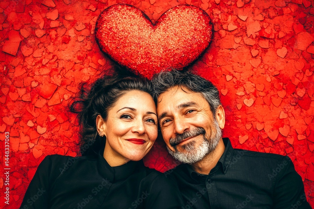 Sign of love and affection. Valentine's day, affectionate couple: dazzling bold image of loving latin midlife lovers. Commercial marketing creative art. Happy partnership. Couple travel.