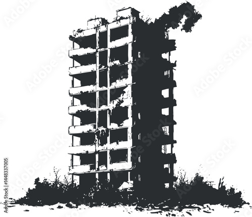 Silhouette of a tall ruined building emitting smoke, symbolizing destruction and urban decay