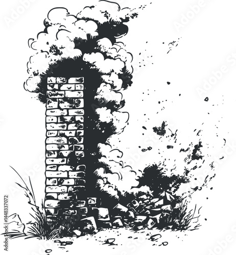 Black and white illustration of a damaged brick chimney with smoke and debris around, showing fire aftermath and destruction