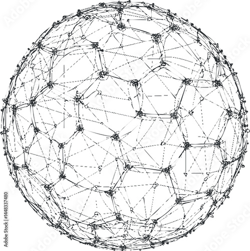 Abstract digital sphere with interconnected network lines and dots representing technology and connectivity