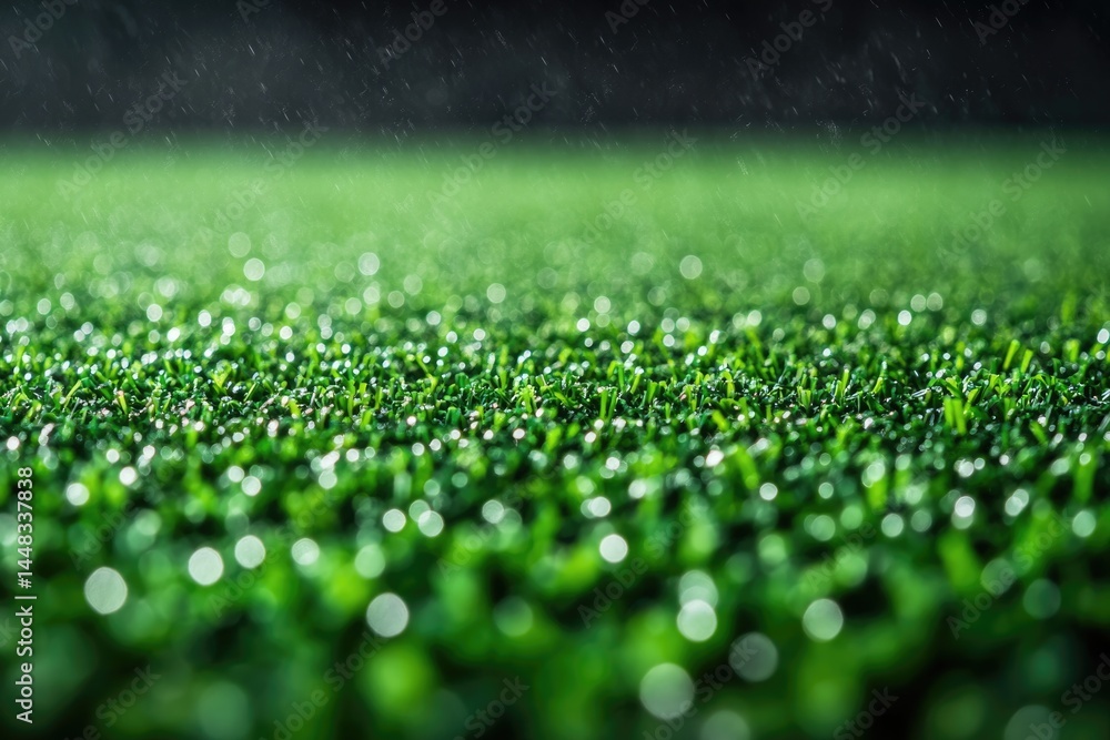 Naklejka premium Artificial green grass glistens under soft rain at night, creating a textured and mesmerizing visual landscape.