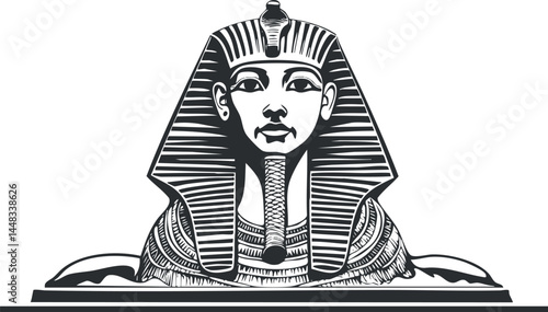 Black and white illustration of an ancient Egyptian pharaoh statue head with traditional headdress