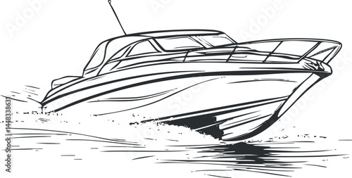 Black and white line art illustration of a speedboat moving fast on water with splash and waves