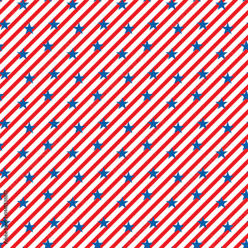 Seamless pattern with stripes and stars.Patriotic seamless pattern with red and white diagonal lines and blue stars.Colorful repeat pattern for independent day, America, USA, Memorial Day concept.